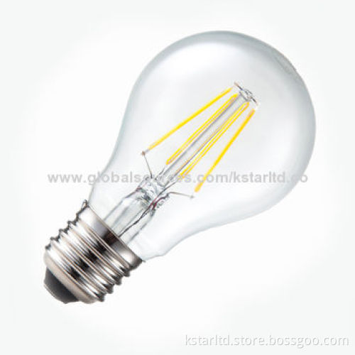 LED filament bulb, A60, 4W, glass cover, 220-240 or 110-130V AC, CE- and RoHS-, TUV-approved